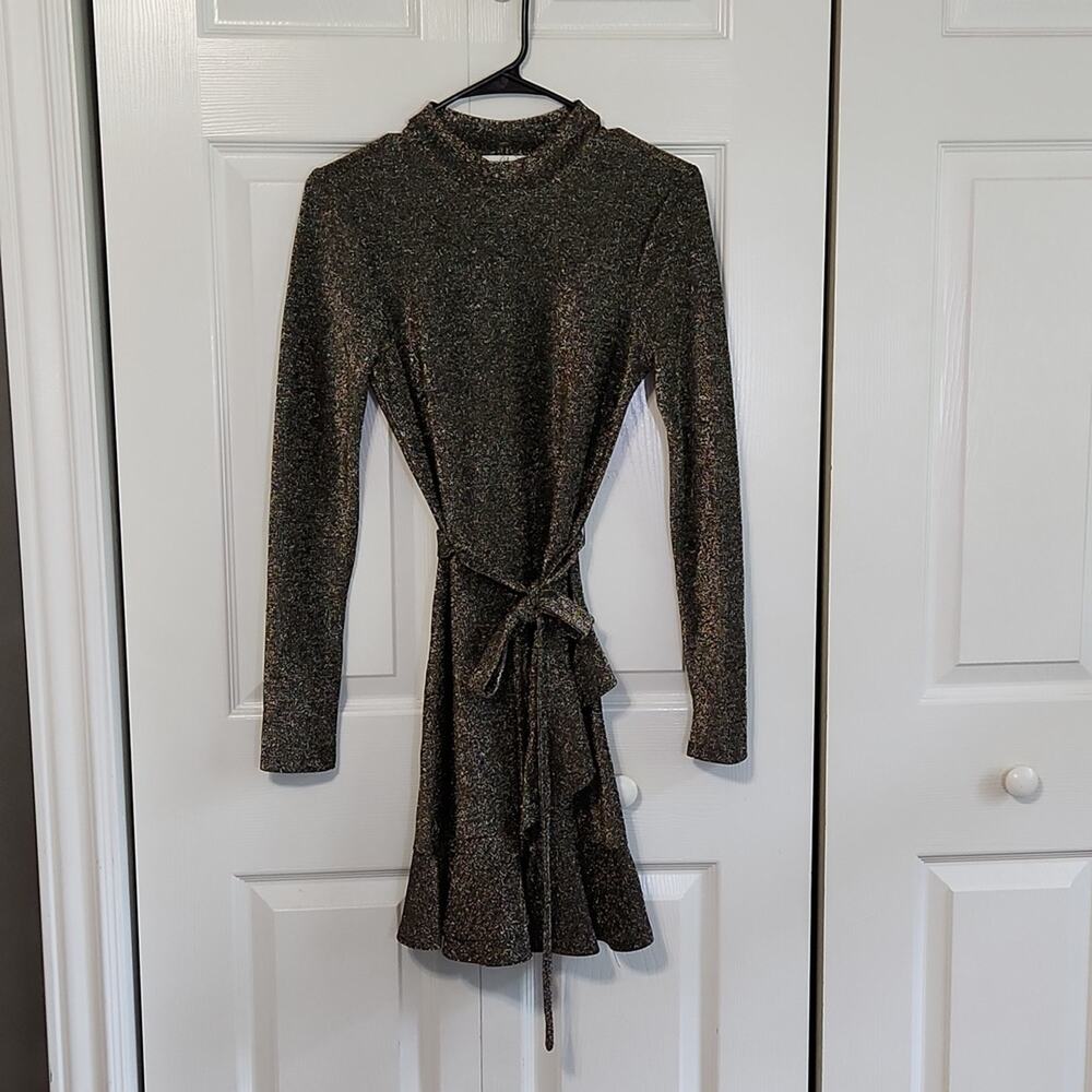 Speechless Women's Metallic Long Sleeve Mock Neck Faux Wrap Dress Size SM Ruffle